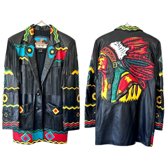 VINTAGE GERANIUM LEATHER NATIVE INDIAN CHIEF FRINGE BLAZER JACKET SZ S, Mexico - Picture 1 of 12